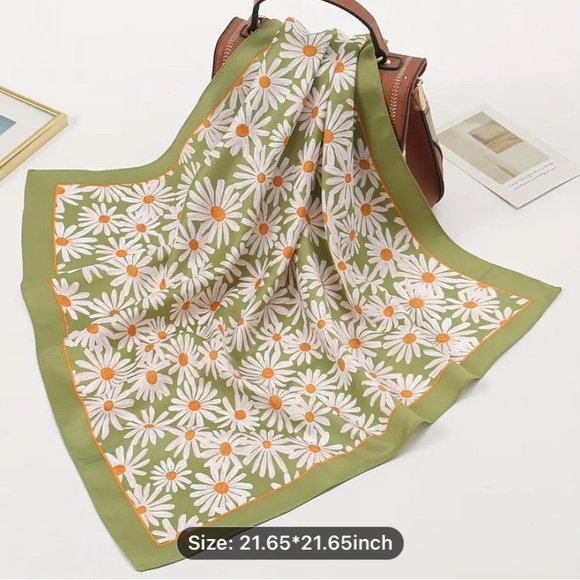 Daisy Print Scarf in Green, Orange and White - Picture 5 of 5
